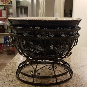 Navy blue serving bowl with wire basket